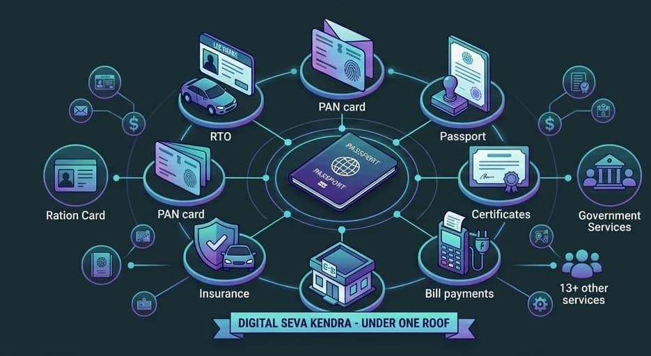 All our Digital Seva Kendra services — RTO, PAN card, passport, ration card, certificates, insurance, bill payments and more — under one roof
